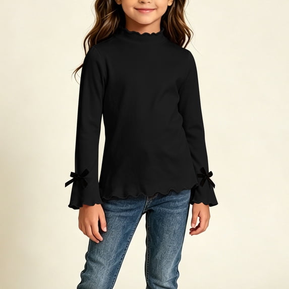 NAISIBABY Girls Long-Sleeve T-Shirts, Elastic Waist Mock Neck Comfy Pullover School & Daily Tees Black Size 6
