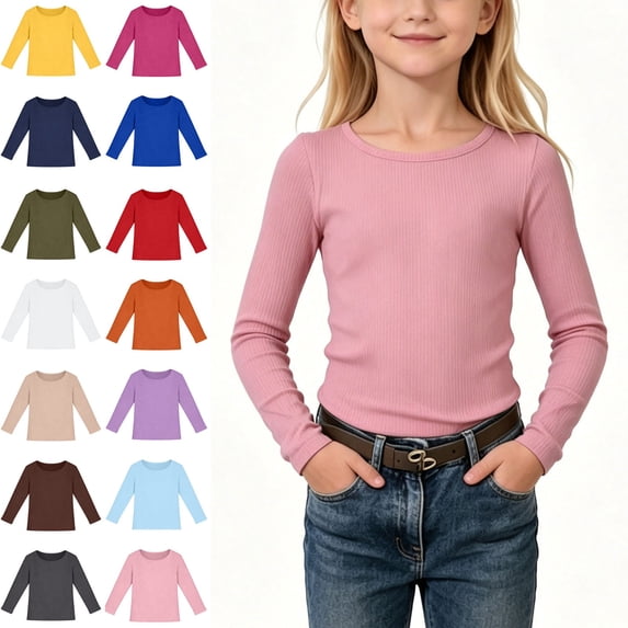 NAISIBABY Girls Long Sleeve T-Shirts, Ribbed Crew Neck School Uniform Basic Tee Light Blue Size 12
