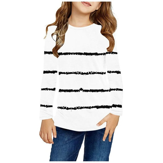 NAISIBABY Girls Long Sleeve Tops, Classic Stripes Crew Neck Casual Kids Basic Blouse White 5T