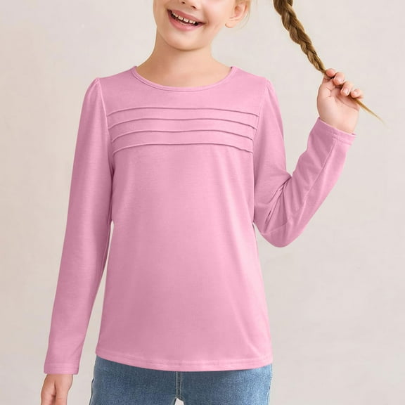NAISIBABY Girls Long Sleeve Tops, Comfy Soft Pleated Front Crew Neck Elegant Casual Blouses Pink 11-12T