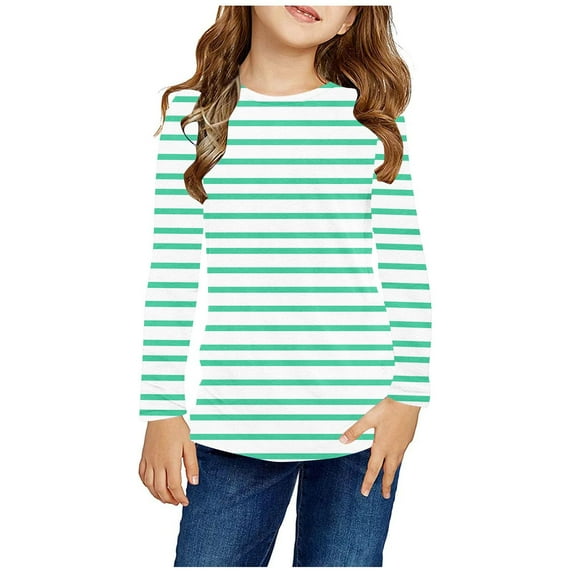 NAISIBABY Girls Long Sleeve Tops, Crewneck Casual Striped Kids Pullover Blouses Green 7-8T