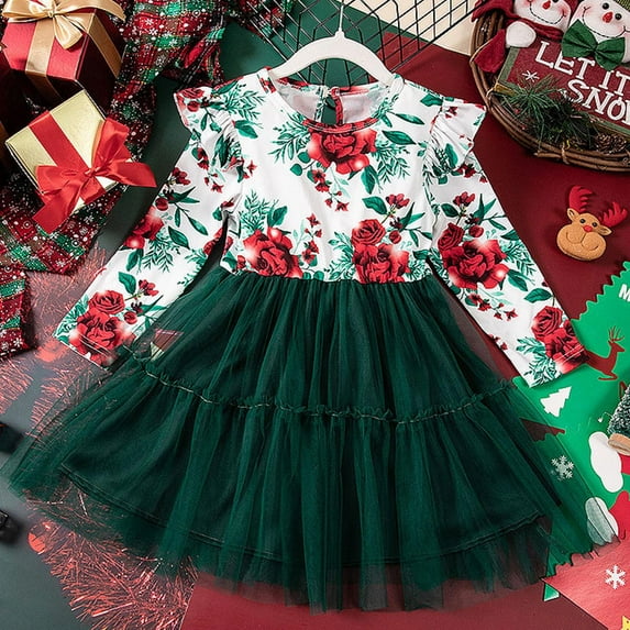 NAISIBABY Girls Long Sleeve Tutu Dress, Floral Prints Party Princess Skirt Kids New Christmas Clothes Green 5-6T