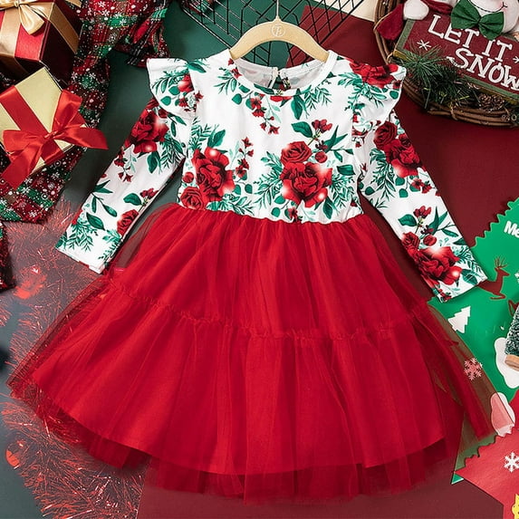 NAISIBABY Girls Long Sleeve Tutu Dress, Floral Prints Party Princess Skirt Kids New Christmas Clothes Red 5-6T