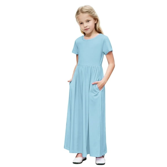 NAISIBABY Girls Maxi Dress, Solid Color Short Sleeve Crewneck Summer Casual Dress Blue 5-6T