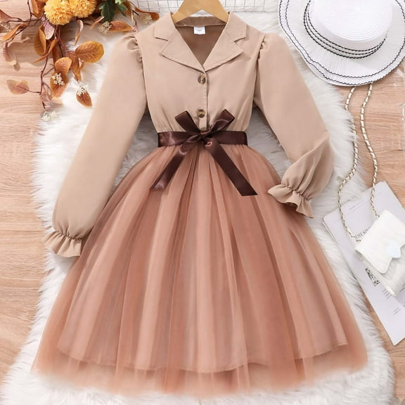 NAISIBABY Girls Mesh Dress, Long Sleeve Elegant Lapel Ruffled Casual Princess Dress with Belt Khaki 10-11T