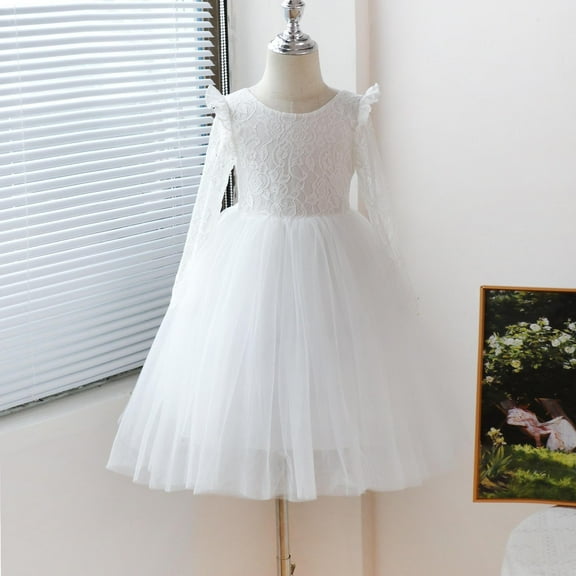 NAISIBABY Girls Mesh Dress, Long Sleeve Ruffled Solid Color Party Pageant Princess Dress White 3-4T