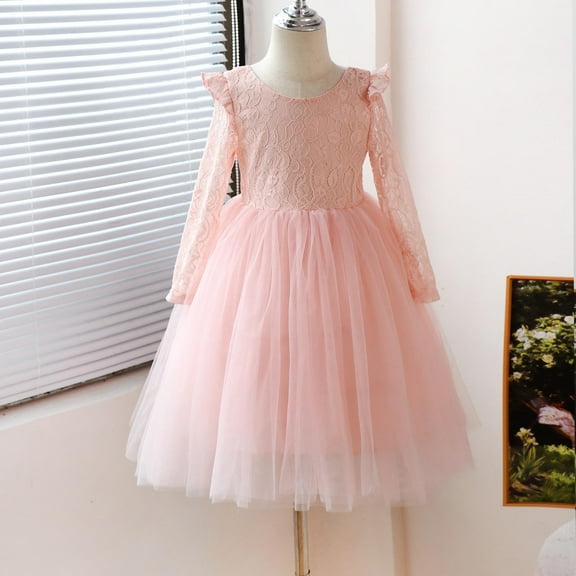 NAISIBABY Girls Mesh Dress, Solid Color Long Sleeve Ruffled Party Pageant Princess Dress Pink 3-4T