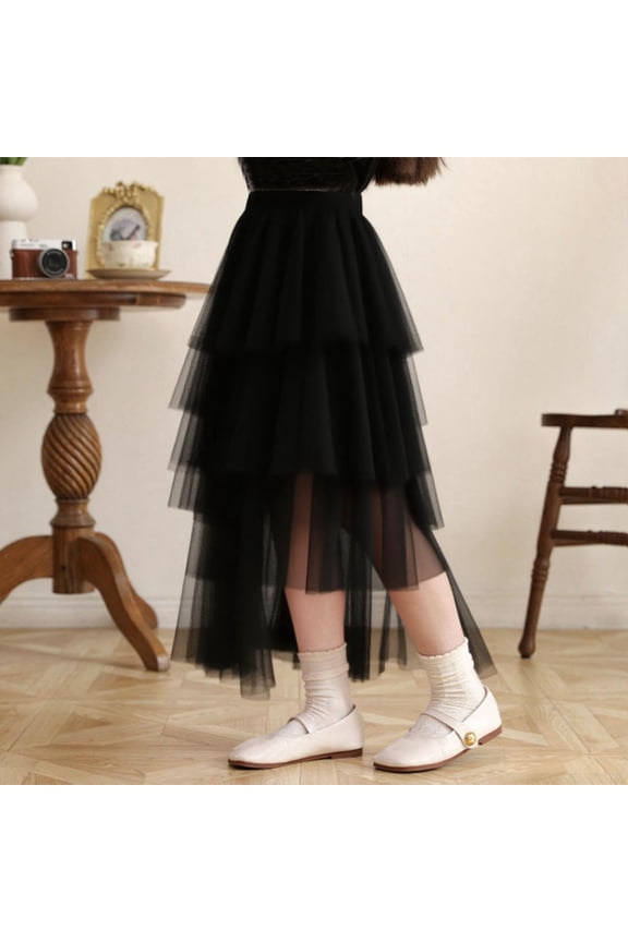 Girls Mesh Tiered Skirt, Elastic Waist Flowing Mid-length Dance Party Performance Tulle Skirt Black 5T