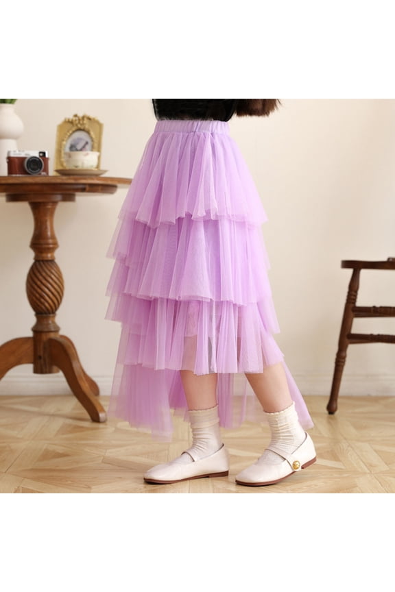 Girls Mesh Tiered Skirt, Elastic Waist Flowing Mid-length Dance Party Performance Tulle Skirt Purple 13T