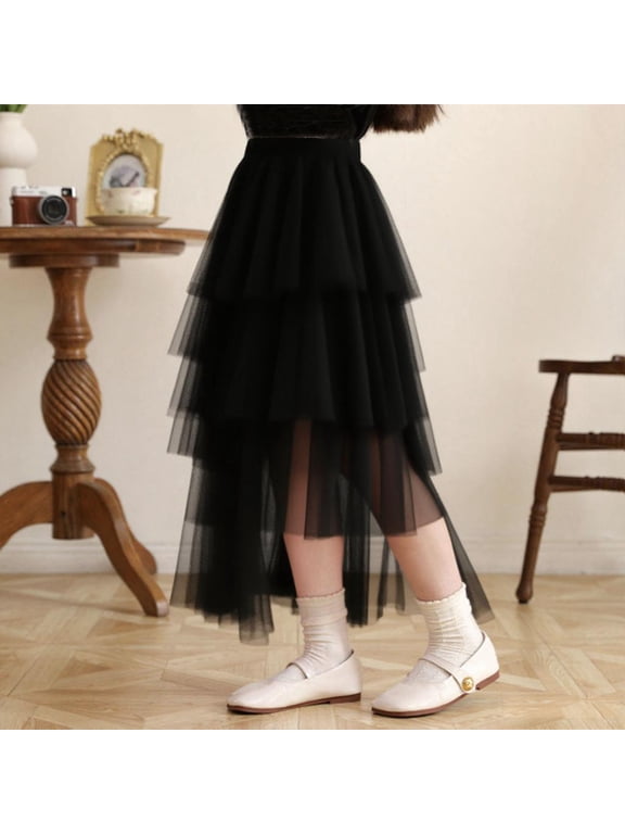 Girls Mesh Tiered Skirt, Flowing Mid-length Elastic Waist Dance Party Performance Tulle Skirt Black 7T