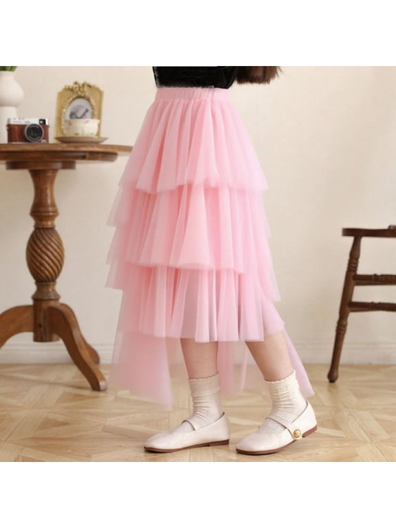 Girls Mesh Tiered Skirt, Mid-length Elastic Waist Flowing Dance Party Performance Tulle Skirt Pink 7T