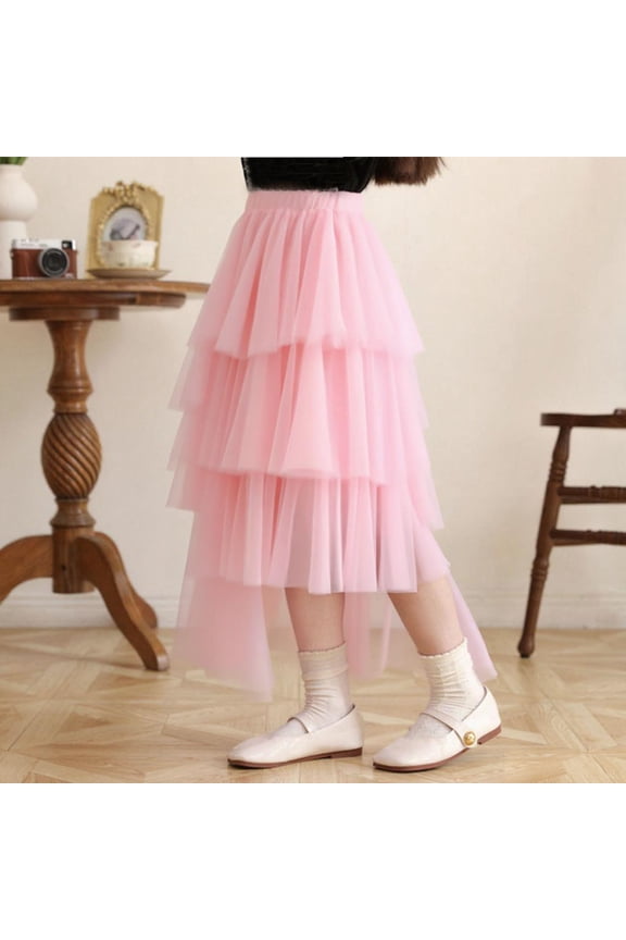 Girls Mesh Tiered Skirt, Mid-length Flowing Elastic Waist Dance Party Performance Tulle Skirt Pink 9T