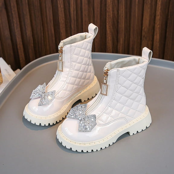 NAISIBABY Girls Mid Calf Boots, Front Zipper Thick Heels Non-Slip Waterproof Kids Fashion Princess Boots White 8(Toddler)