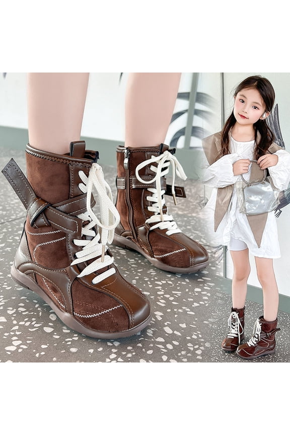Girls Mid Calf Boots, Lace Up with Zipper Faux PU Leather Soft Sole 2025 Fashion Princess Riding Boots Brown 1.5(Big Kids)