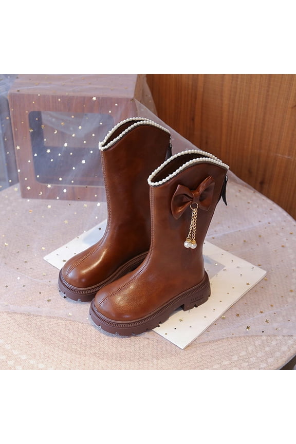 Girls Mid-Calf Riding Boots, Non-Slip Back Zipper Waterproof Winter Faux Leather Princess Boots Brown 11(Little Kids)