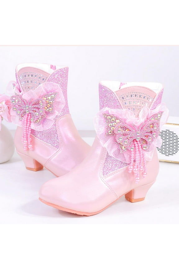 Girls Mid Cut Boots, High Heeled Zipper Bow Sequined Fashion Princess Shoes Pink