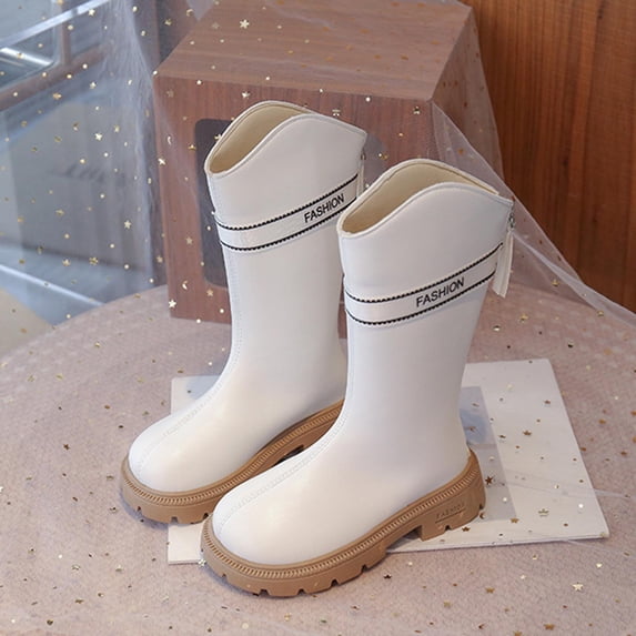 NAISIBABY Girls Mid-Cut Boots, Non-Slip Heels PU Leather Zipper Fashion Riding Boots White