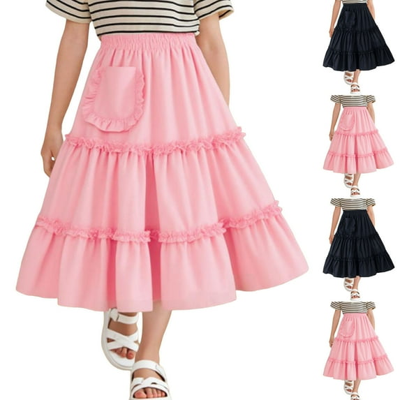 NAISIBABY Girls Mid-length Skirt (3-14T), Elastic Waist A-Line Loose Ruffles Tiered Flowing Princess Skirt Pink 6T