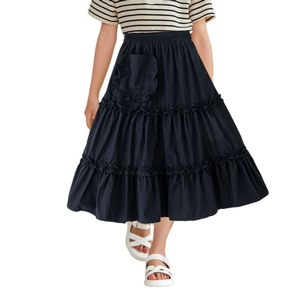 NAISIBABY Girls Mid-length Skirt, Ruffles Tiered A-Line Loose Elastic Waist Flowing Princess Skirt Black 3T