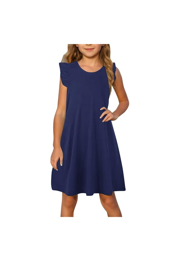 Girls Midi Dress, Crew Neck Solid Color Ruffle Sleeve Ruffle A-Line Sundress Navy 13-14T