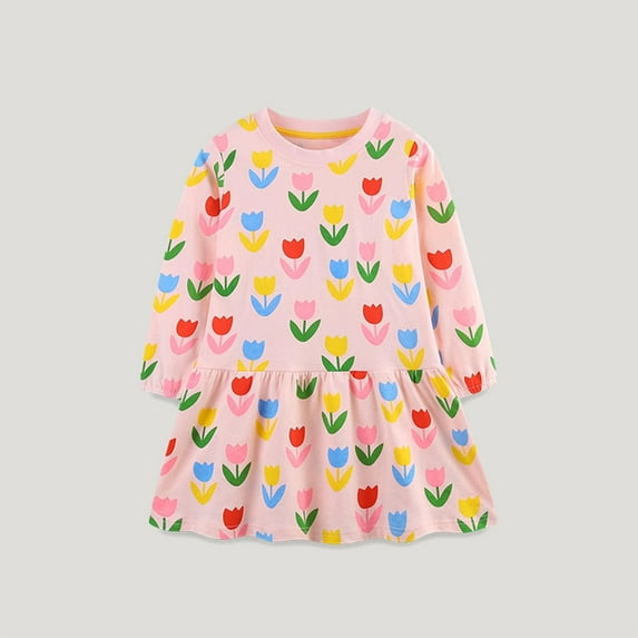 NAISIBABY Girls Midi Dress, Round Neck Floral Prints Long Sleeve Cotton Pleated Sundress Pink 2-3T