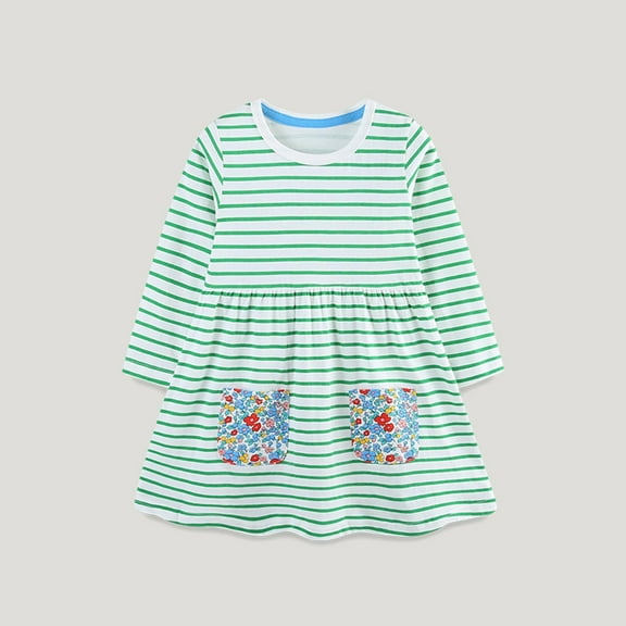 NAISIBABY Girls Midi Dress, Striped Prints Round Neck Long Sleeve Cotton Pleated Sundress Green 6-7T