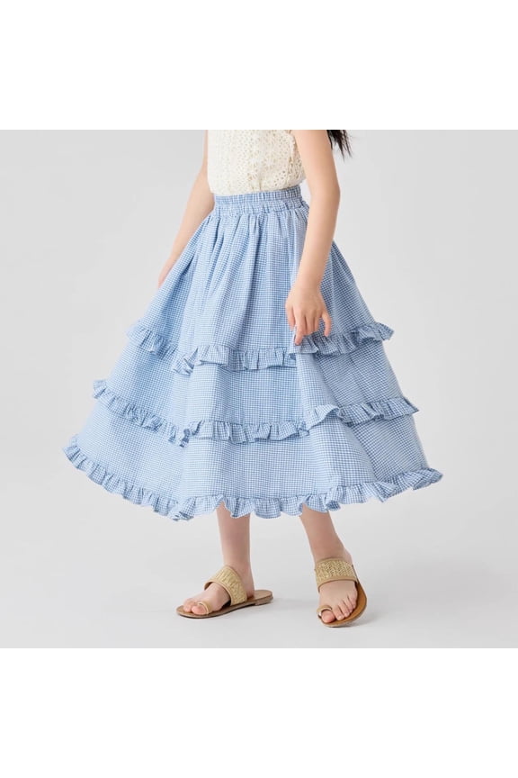 Girls Midi Skirt, Casual Cute Plaid Ruffled High Rise Summer Flutter Tiered Skirt Blue Size 14