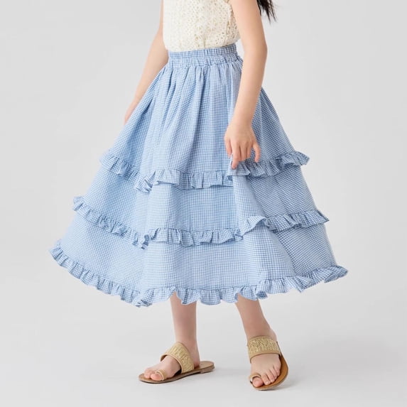 NAISIBABY Girls Midi Skirt, High Rise Casual Cute Plaid Ruffled Summer Flutter Tiered Skirt Blue Size 12