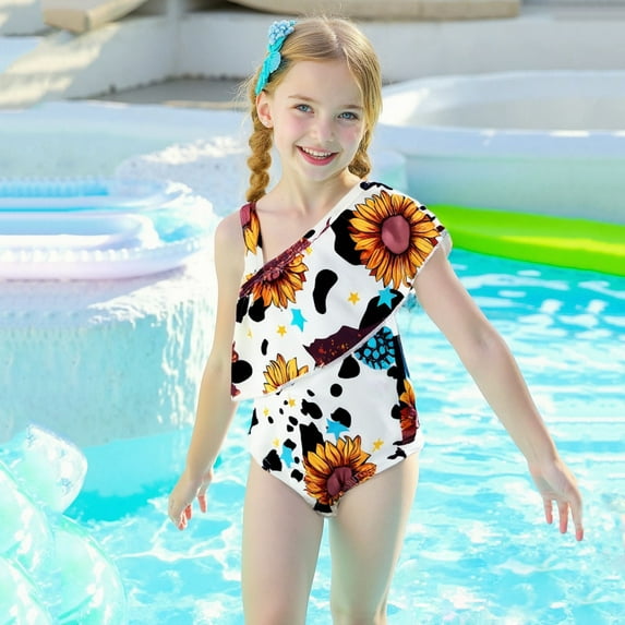 NAISIBABY Girls One-Piece Swimsuit, Floral One Shoulder Ruffled Summer Bathing Swimwear White 1T