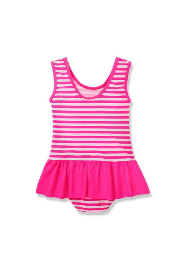 Girls One-Piece Swimsuit, Sleeveless Striped Ruffled Beach Bathing Swimwear Pink 6T