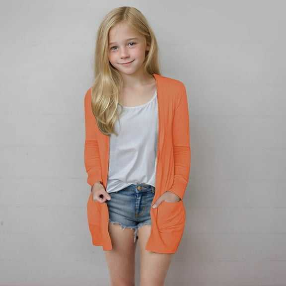 NAISIBABY Girls Open Front Cardigan, Long Sleeve with Pockets Mid-Length Fashion Soft Outerwear Orange 9T