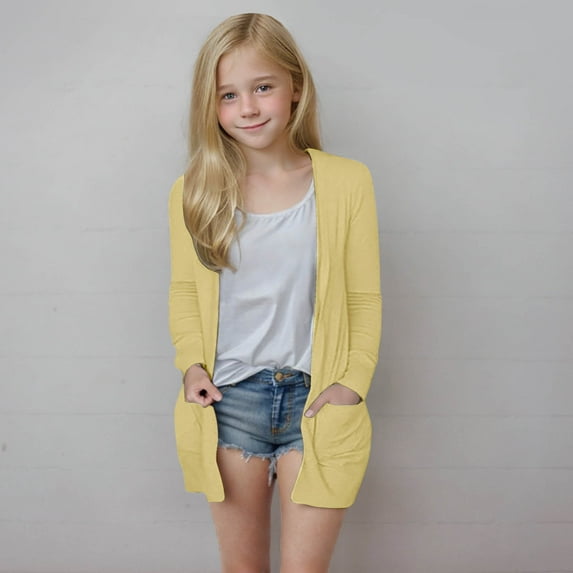 NAISIBABY Girls Open Front Cardigan, Long Sleeve with Pockets Mid-Length Fashion Soft Outerwear Yellow 7T