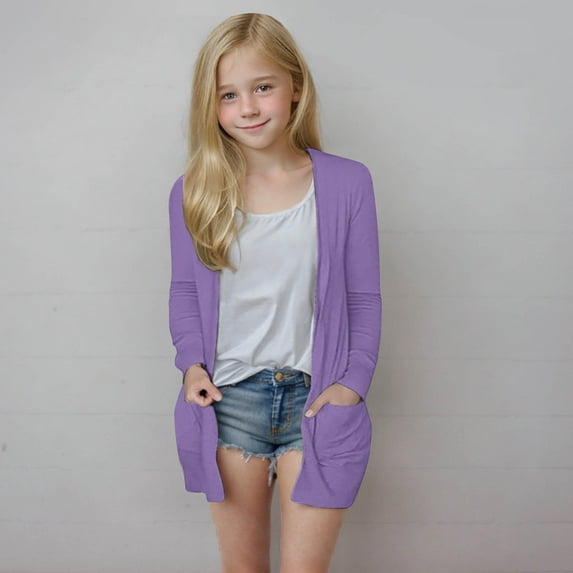 NAISIBABY Girls Open Front Cardigan, Mid-Length Long Sleeve with Pockets Fashion Soft Outerwear Purple 5T