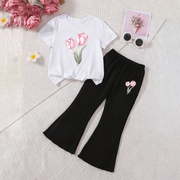 NAISIBABY Girls Outfit 2-Piece, Flower Short Sleeve T-Shirt and Flare Pants Little Kids Fashion Set White 5T