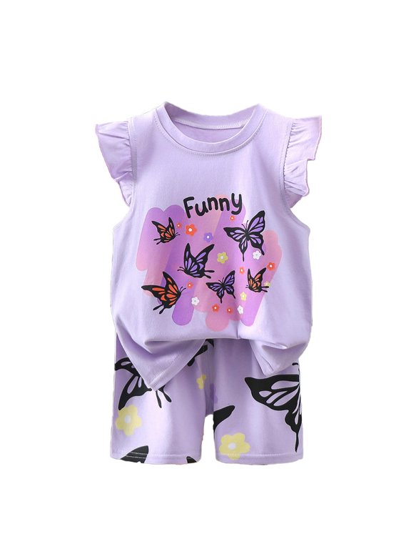 Girls Outfit 2-Piece, Graphic Ruffles Short Sleeve T-Shirt and Shorts 2-Piece Summer Fashion Casual Set Purple 6T