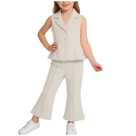 NAISIBABY Girls Outfit 2-Piece, Sleevless Collar Ruffles Tops with Wide-Leg Pants Summer Wedding Party Clothing Set Beige 6T