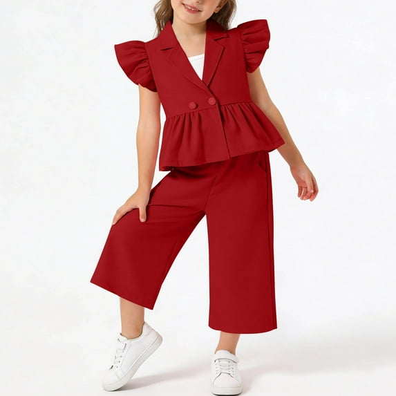 NAISIBABY Girls Outfit 3-Piece, Ruffles Tops with Crop Tank Tops and Wide-Leg Pants Kids Cute Fashion Clothing Set Wine 2T