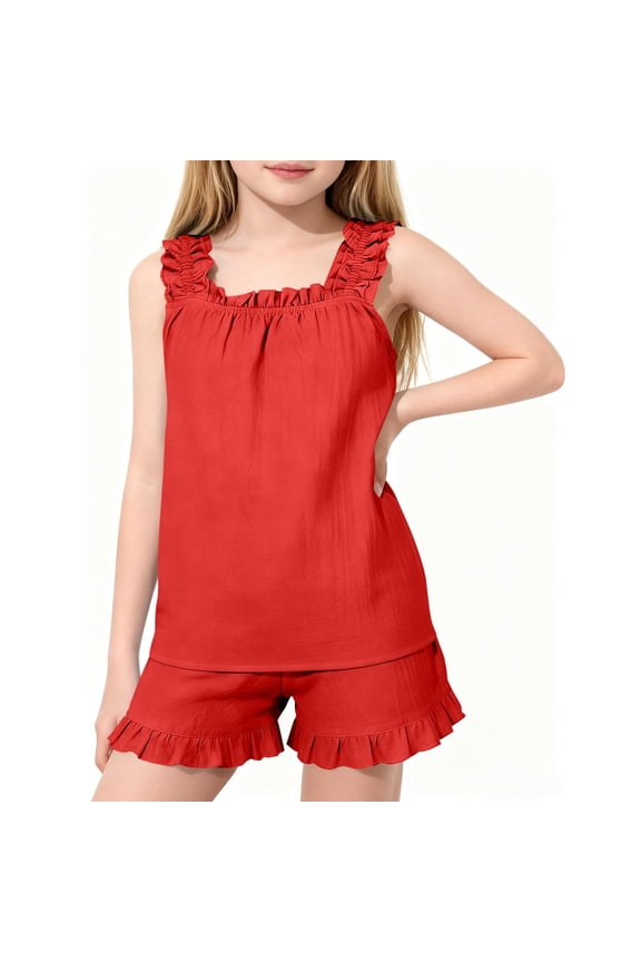 Girls Outfit Set, Cotton Linen Ruffle Tank Tops and Elastic Waist Shorts 2-Piece Kids Summer Fashion Clothes Red 11T