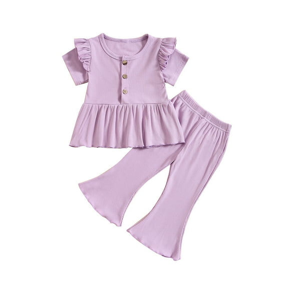 NAISIBABY Girls Outfit Set, Elastic Waist Pants Ruffle Top Solid Color Casual Suit Purple 2 T