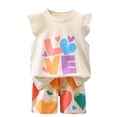 thumbnail image 1 of NAISIBABY Girls Outfit Set, Graphic Ruffles Short Sleeve Tee and Shorts 2-Piece Summer Cute Casual Set Beige 2T, 1 of 4