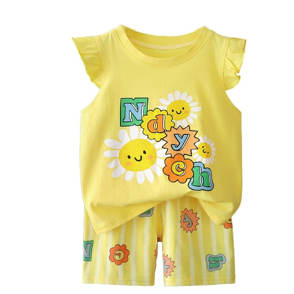 NAISIBABY Girls Outfit Set, Graphic Ruffles Short Sleeve Tee and Shorts Summer Casual Clothes 2-Piece Yellow 2T