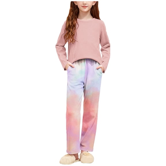 NAISIBABY Girls Outfit Set, Long Sleeve T Shirt and Tie-Dye Pants Soft Comfort Home Clothes 2-Piece Pink 7T