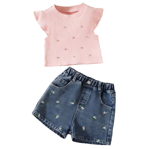 NAISIBABY Girls Outfit Set, Ruffle Short Sleeve Knit Tops and Denim Shorts Summer Casual Fashion Set Pink 5T