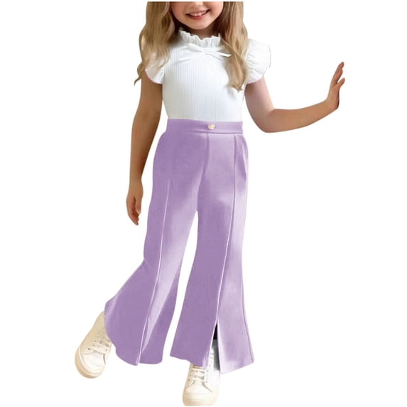 NAISIBABY Girls Outfit Set, Ruffles Short Sleeve T-Shirt with Flat Fornt Wide Pants Cute Fashion Clothes 2-Piece Purple 7T