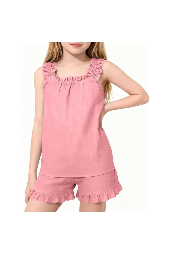 Girls Outfit Set Size 12, Cotton Linen Ruffle Tank Tops and Elastic Waist Shorts 2-Piece Kids Summer Fashion Clothes (5-16T)