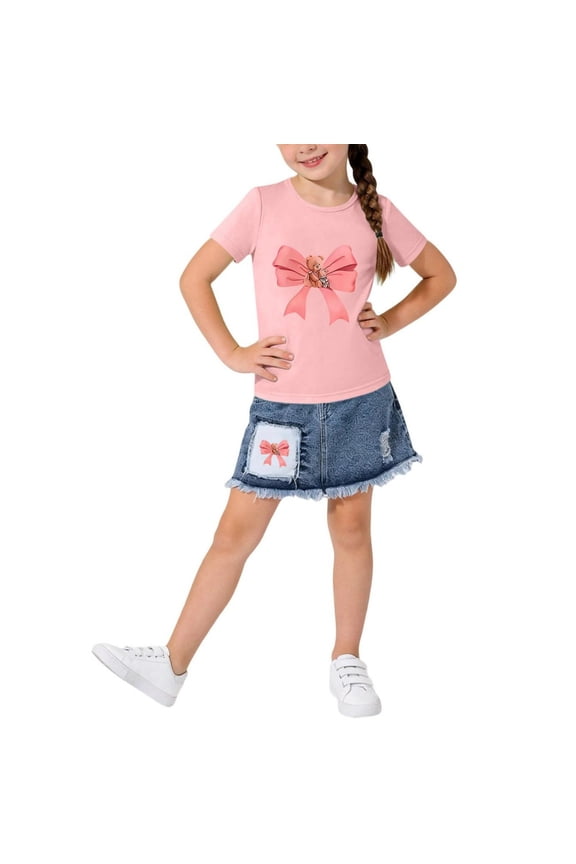 Girls Outfit Sets (2-8T), Graphic Short Sleeve T-Shirt and Denim Skirt Summer Casual Fashion Clothes 2-Piece 7T