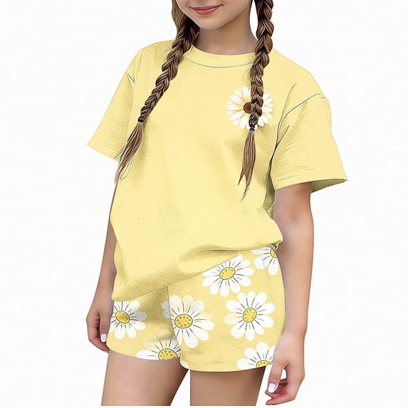 NAISIBABY Girls Outfit Sets 2-Piece, Graphic Short Sleeve T-Shirt and Shorts Summer Clothes Yellow Size 5T