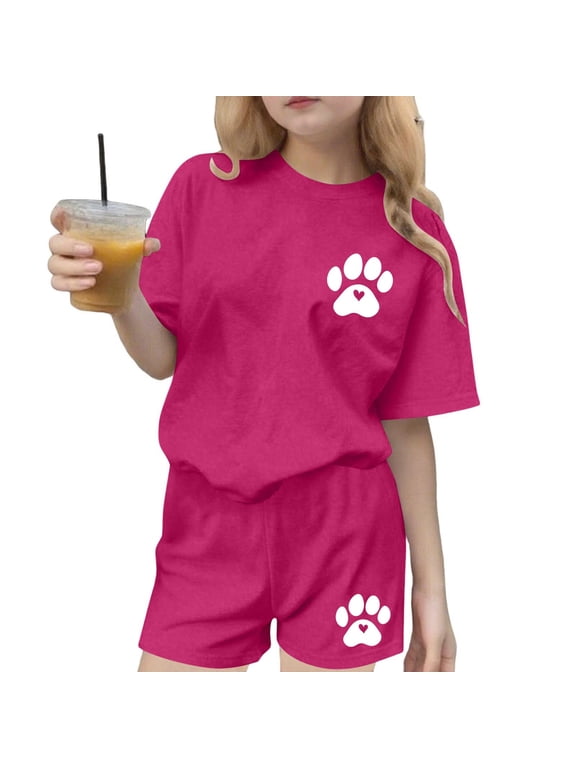 Girls Outfit Sets 2-Piece, Graphic Short Sleeve T-Shirt and Shorts Summer Fashion Casual Clothes Hot Pink Size 7-8