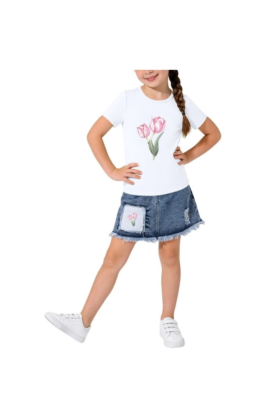 Girls Outfit Sets 2-Piece, Short Sleeve T-Shirt and Denim Skirt Fashion Prints Soft Cute Summer Casual Clothes White 6T