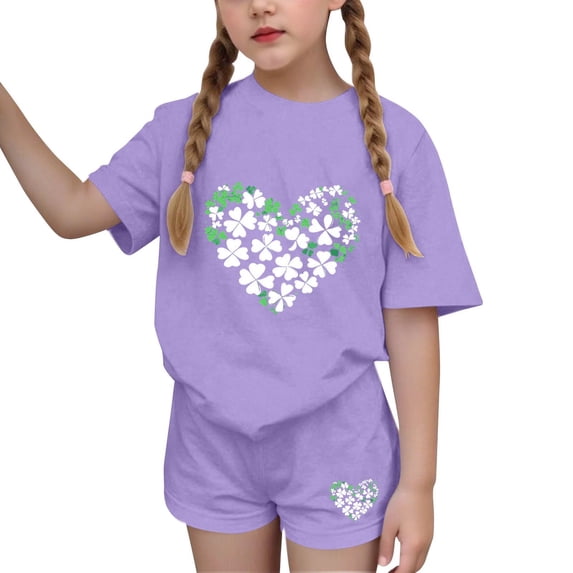 NAISIBABY Girls Outfit Sets 2-Piece, Summer St Patrick's Day Prints T-Shirt and Shorts Casual Fashion Sports Clothes Purple 10T